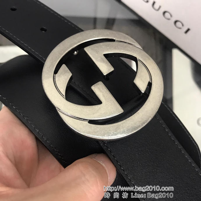 GUCCI古馳 官方經典款 正品規格 原單品質 對版定制皮料 復古烤漆雙G亞黑扣 男士皮帶  xfp1085